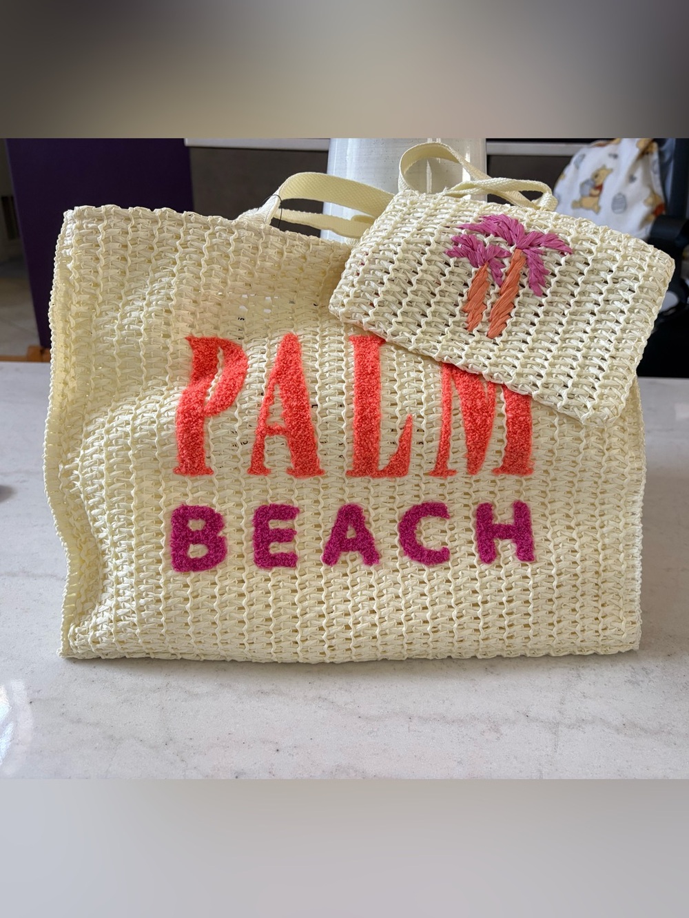 Palm Beach Boutique Cream Woven Tote with Coral & Pink Lettering